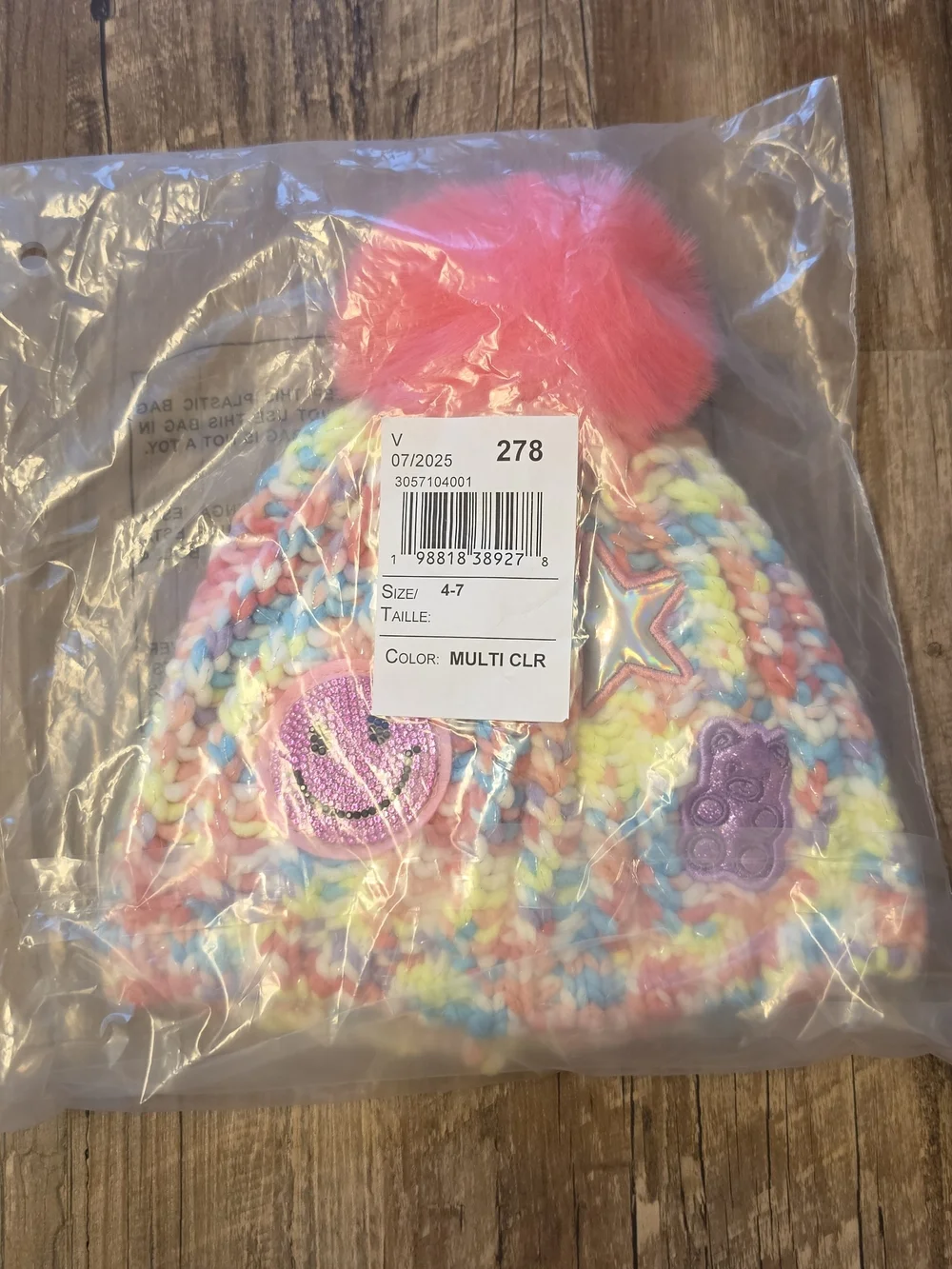 New Girls Multicolor Chunky Knit Beanie with Pink Pom & Fun Patches – Size 4-7